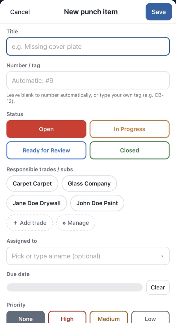 The new punch item form on a phone, with title, status, responsible trades, assignee, due date, and priority.