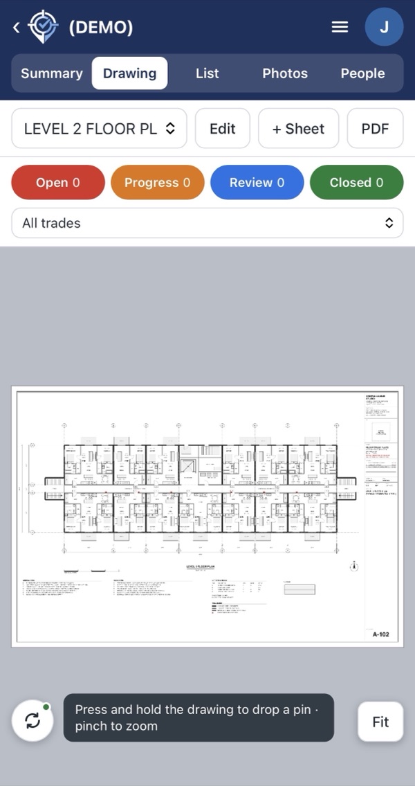 A floor plan sheet opened on a phone in Scope Optimized, with status filters above it.