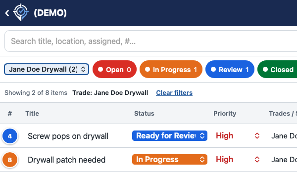 Item list filtered to one drywall subcontractor, showing two items with their status and priority.